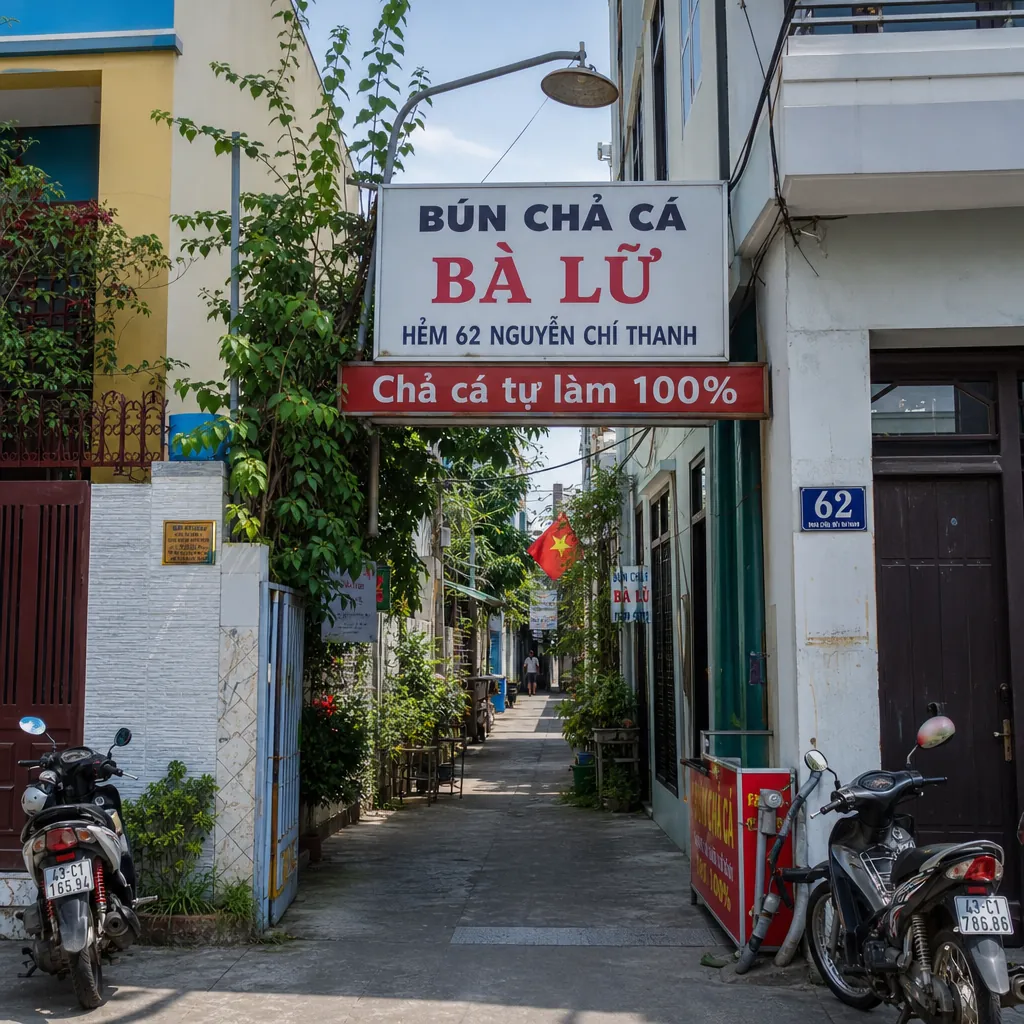 Lối vào con hẻm (kiệt) dẫn đến quán bánh tráng kẹp Dì Hoa tại số 62 Núi Thành, Đà Nẵng.