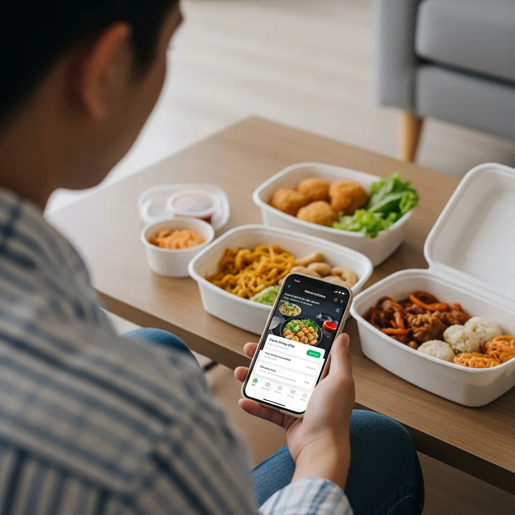 Một người đang thưởng thức bánh tráng kẹp Dì Hoa đặt qua ứng dụng giao hàng tại nhà.