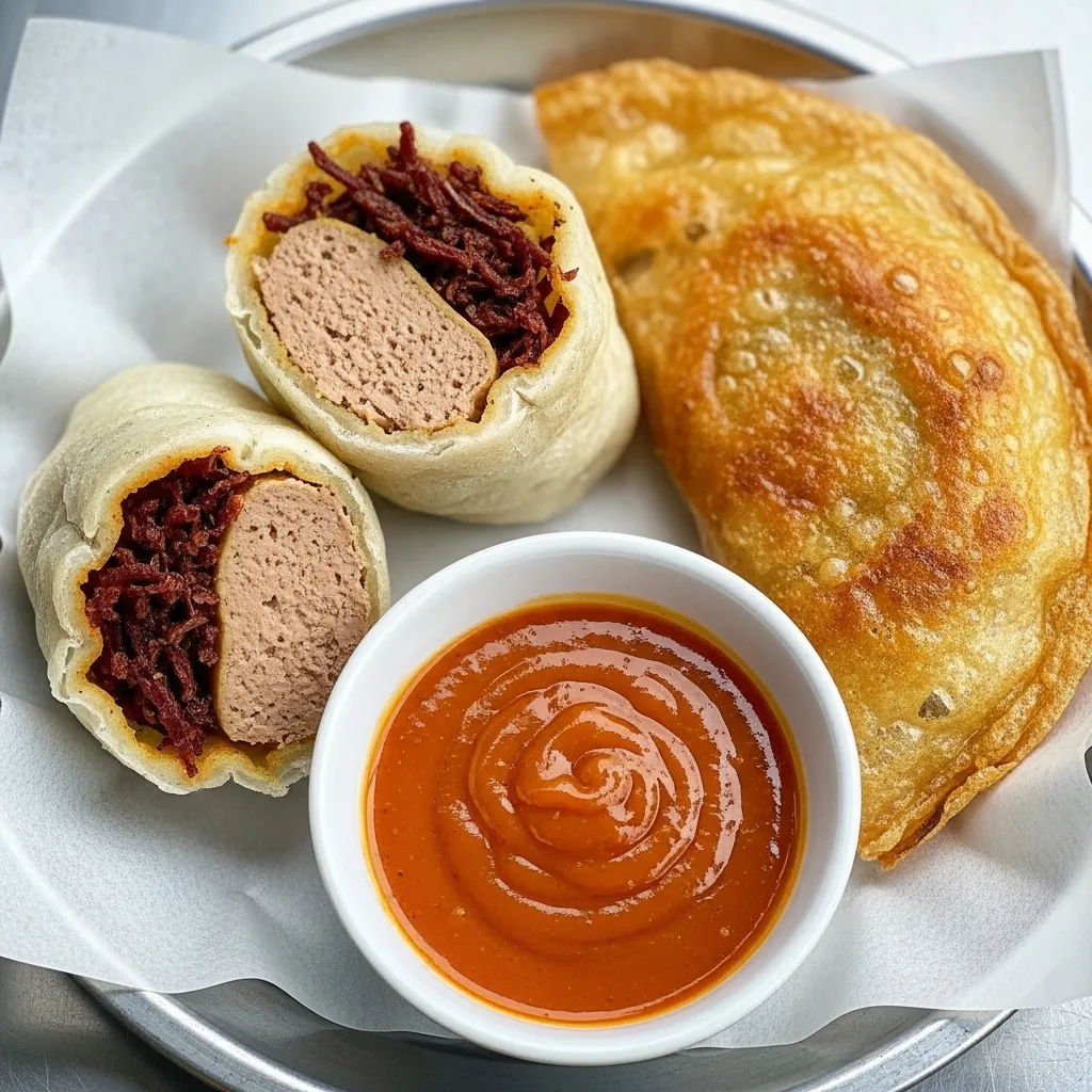 So sánh hai phiên bản bánh tráng kẹp dẻo và giòn, bên cạnh là chén nước chấm 'thần thánh' của quán.