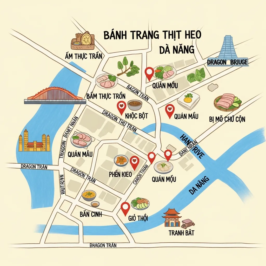Bản đồ minh họa các quán bánh tráng thịt heo nổi tiếng tại Đà Nẵng.