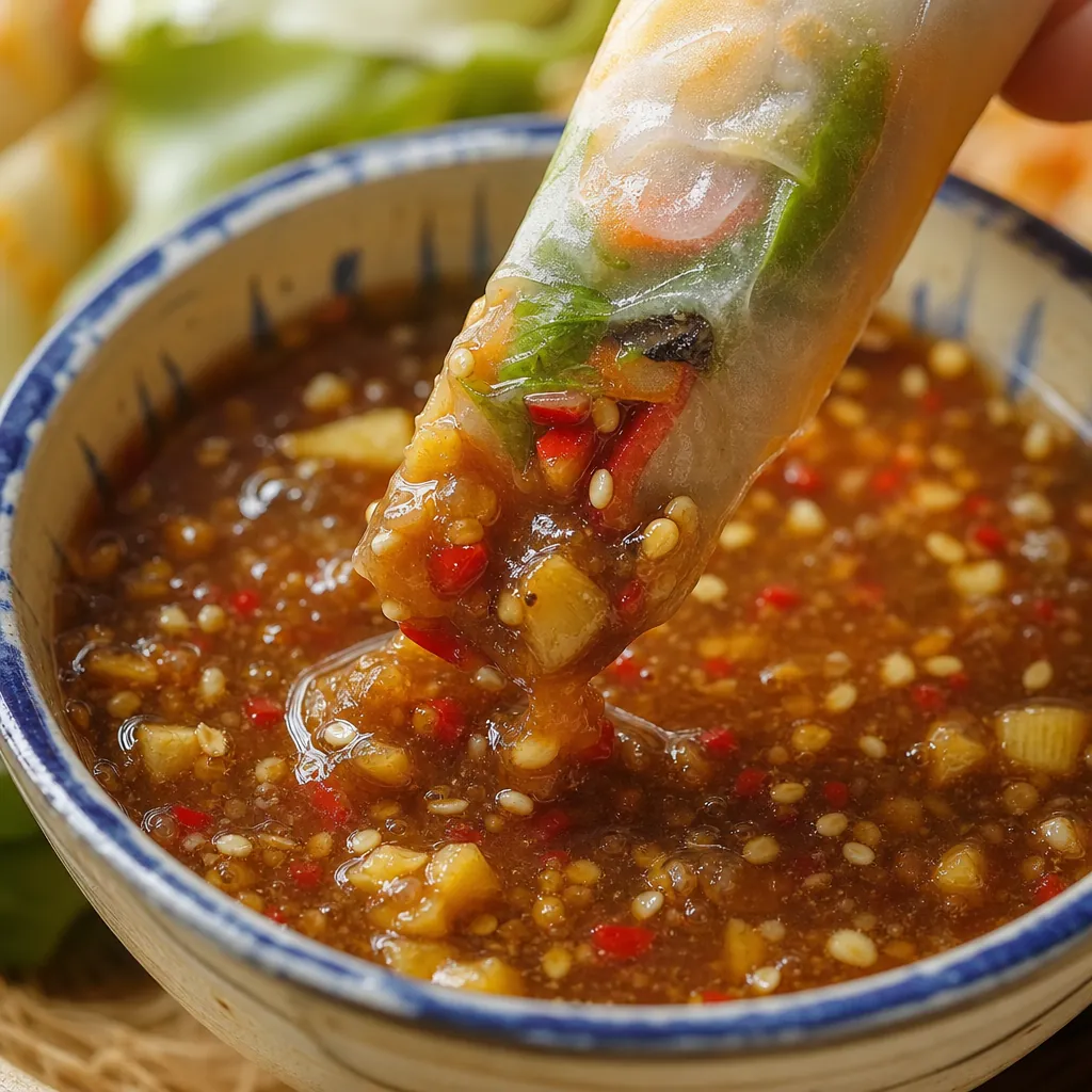 Cận cảnh một chén mắm nêm đặc sệt, có thể thấy rõ các thành phần như thơm, tỏi, ớt.