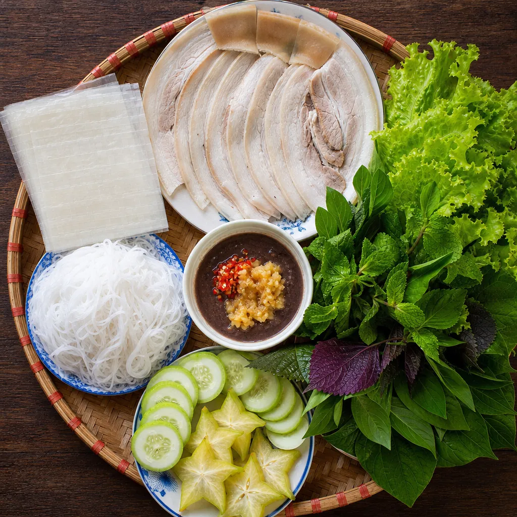 Cận cảnh một mẹt bánh tráng thịt heo Đà Nẵng đầy đủ với thịt luộc, rau sống, bánh tráng và mắm nêm.