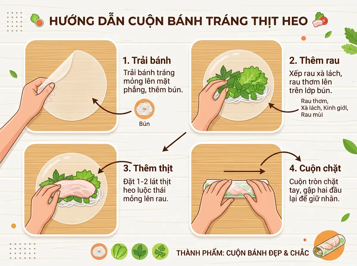 Hướng dẫn 4 bước cuốn bánh tráng thịt heo đúng cách, từ trải bánh đến cuốn chặt tay.