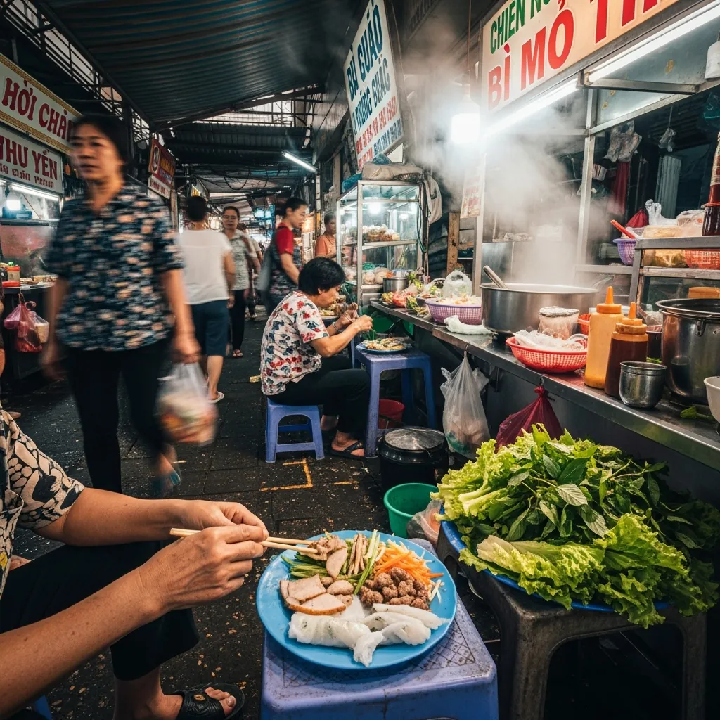 Khung cảnh nhộn nhịp tại quầy Bi Mỹ trong Chợ Cồn, khách hàng ngồi ghế nhựa thưởng thức bánh tráng thịt heo.