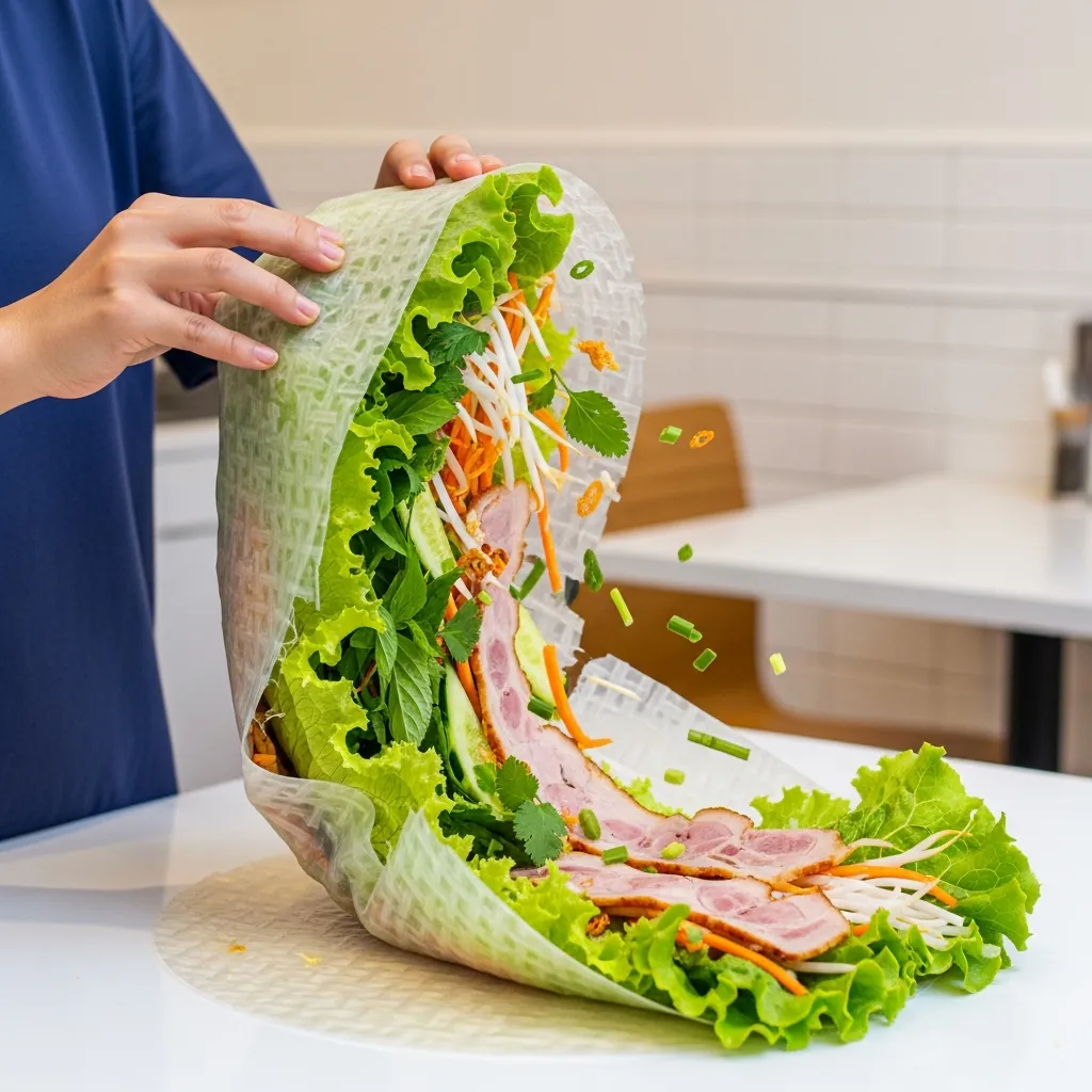 Một người đang lúng túng với cuốn bánh tráng quá to và bị bung ra, minh họa cho lỗi sai thường gặp.