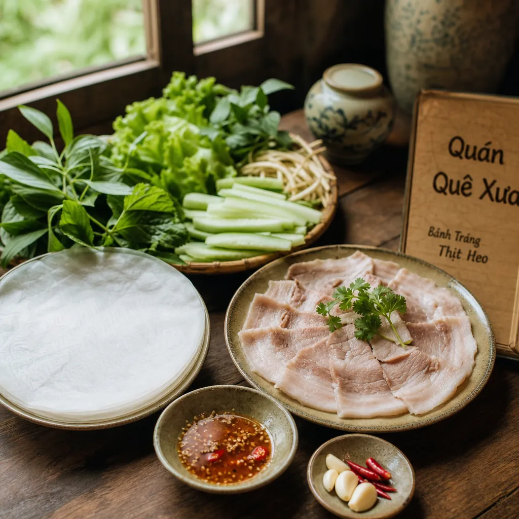 Một phần bánh tráng thịt heo được trình bày giản dị, mộc mạc tại Quán Quê Xưa, gợi cảm giác bữa cơm nhà.