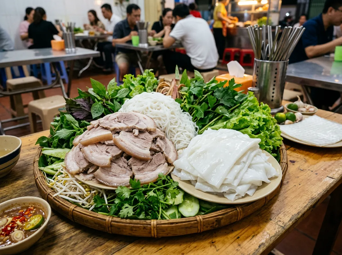 Một suất bánh tráng thịt heo 'khủng' tại Quán Mậu, đầy ắp thịt, rau và có cả bánh ướt.