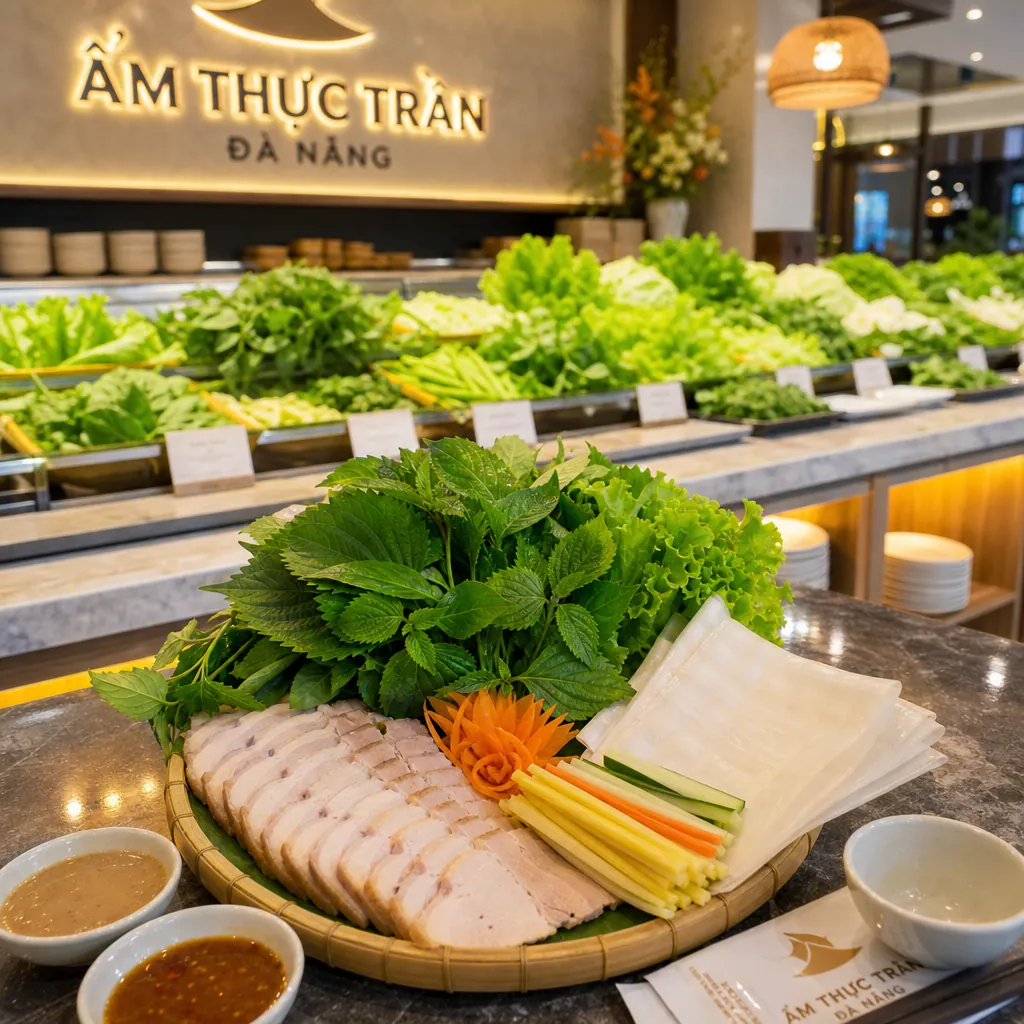 Một suất bánh tráng thịt heo tại nhà hàng Ẩm Thực Trần, nổi bật với không gian sạch sẽ và quầy buffet rau tươi.