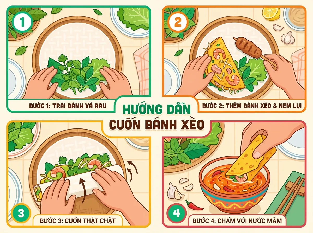 Hướng dẫn 4 bước cuốn bánh xèo Bà Dưỡng đúng cách: trải bánh tráng, thêm rau và nhân, cuốn chặt tay, và chấm nước lèo.