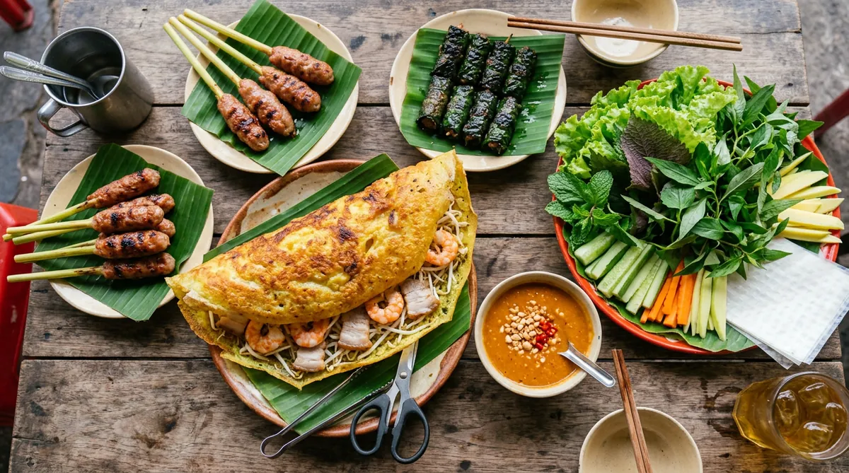 Một mâm đồ ăn thịnh soạn tại quán Bà Dưỡng, gồm bánh xèo vàng giòn, nem lụi nướng thơm và rau sống tươi ngon.