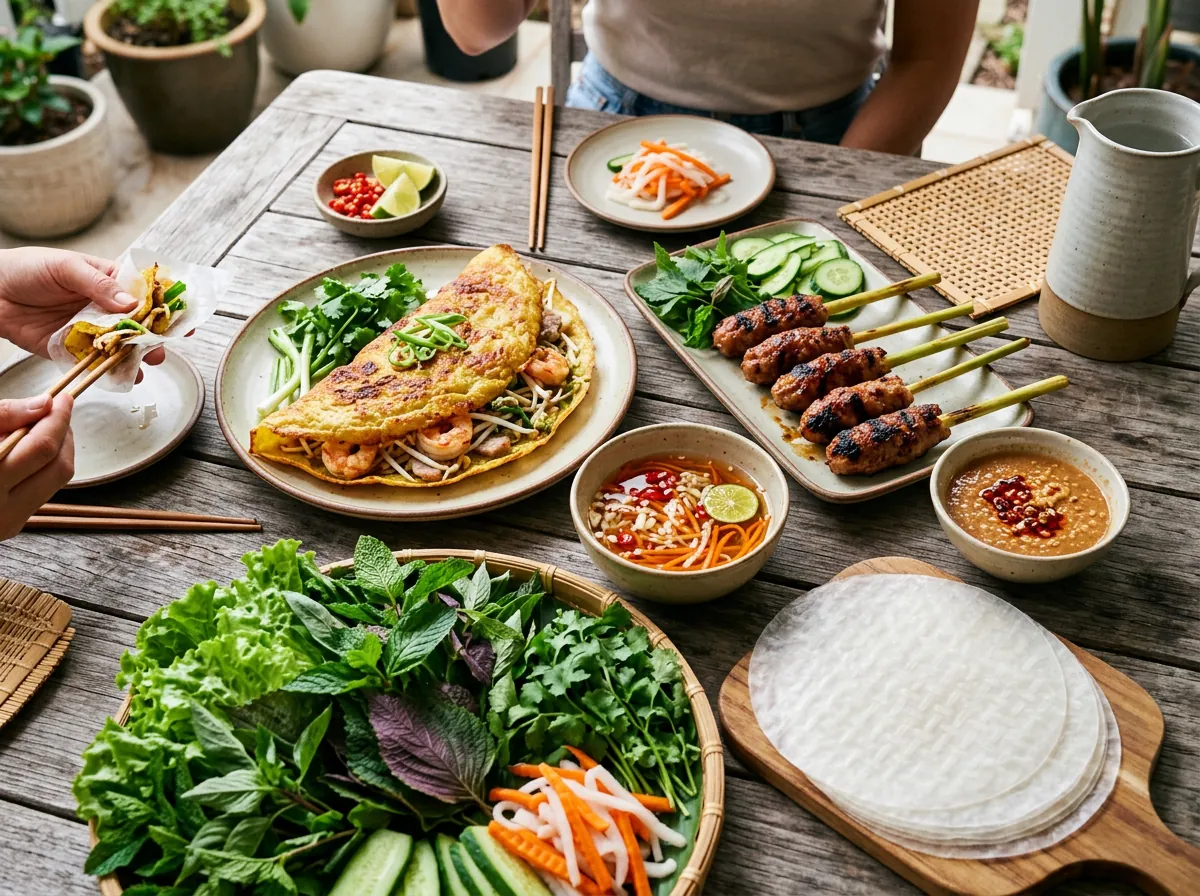Một mâm đồ ăn thịnh soạn tại quán Bà Ngọc, gồm bánh xèo giòn rụm, những xiên nem lụi nướng thơm lừng, rau sống và nước chấm.