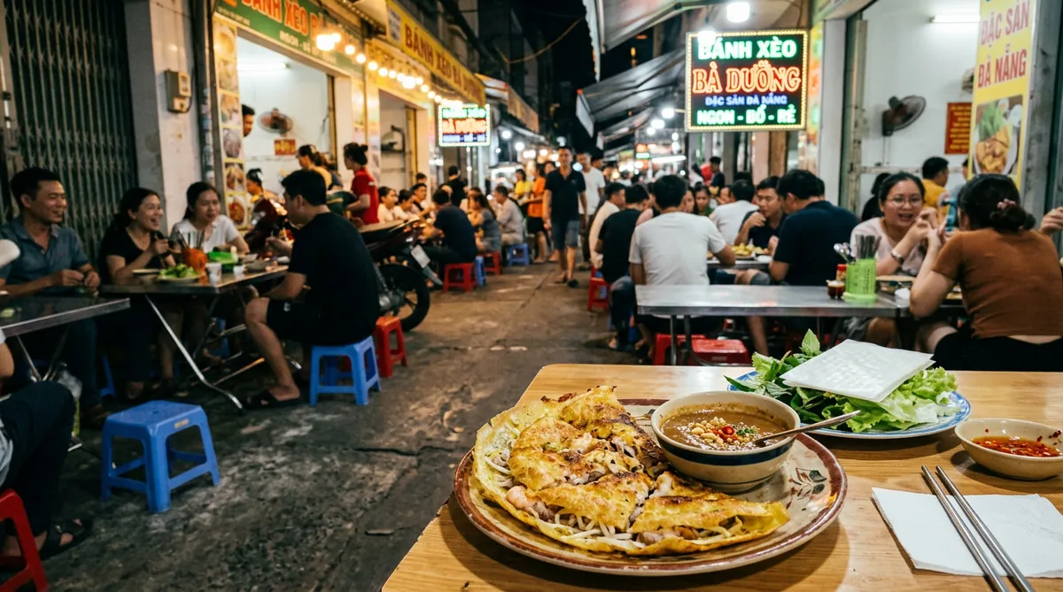 Không khí tấp nập và chén nước chấm gan gia truyền đặc trưng tại quán Bánh xèo Bà Dưỡng.