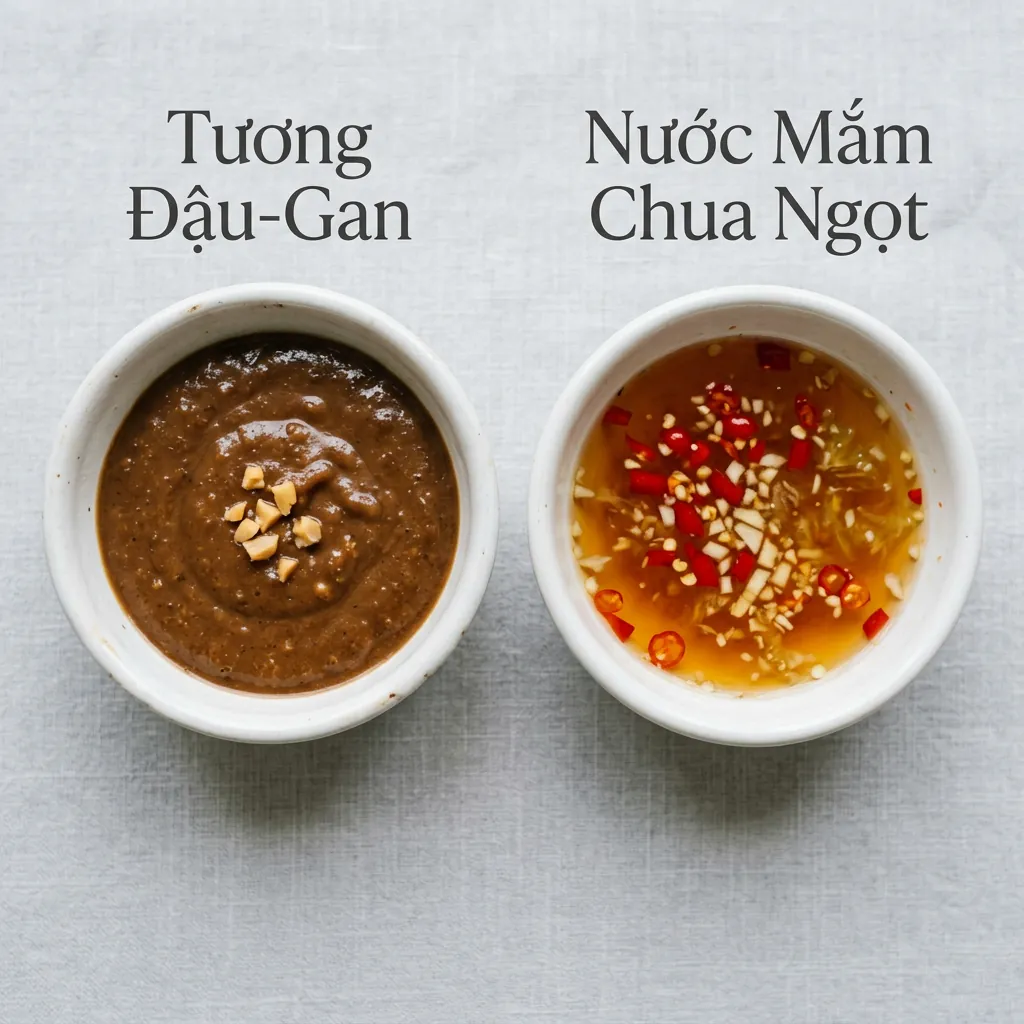 So sánh hai loại nước chấm bánh xèo: tương đậu-gan sền sệt và nước mắm chua ngọt trong veo.