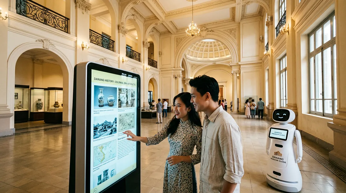 Bên trong Bảo tàng Đà Nẵng mới, du khách đang trải nghiệm công nghệ tương tác hiện đại trong không gian kiến trúc cổ điển.