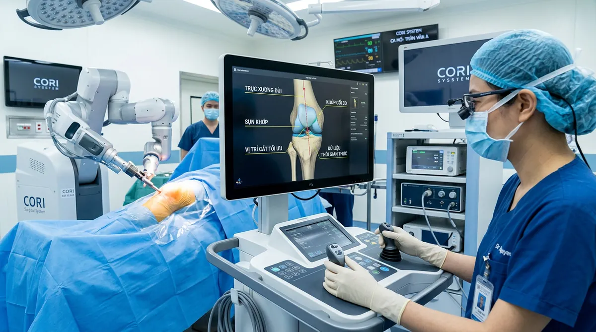 Bác sĩ đang thực hiện phẫu thuật thay khớp gối bằng robot AI CORI trong phòng mổ hiện đại.