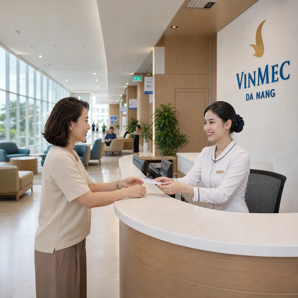 Khu vực quầy Lễ tân và đăng ký khám bệnh hiện đại, sạch sẽ tại Bệnh viện Vinmec Đà Nẵng.