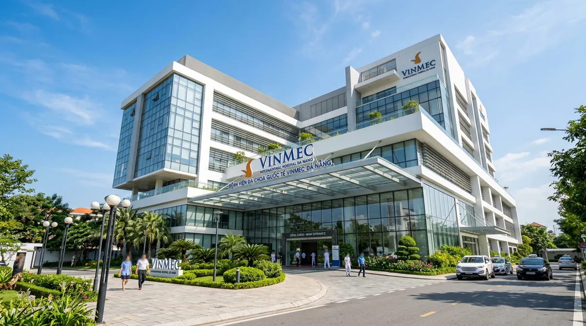 Mặt tiền hiện đại của Bệnh viện Đa khoa Quốc tế Vinmec Đà Nẵng dưới ánh nắng ban ngày.