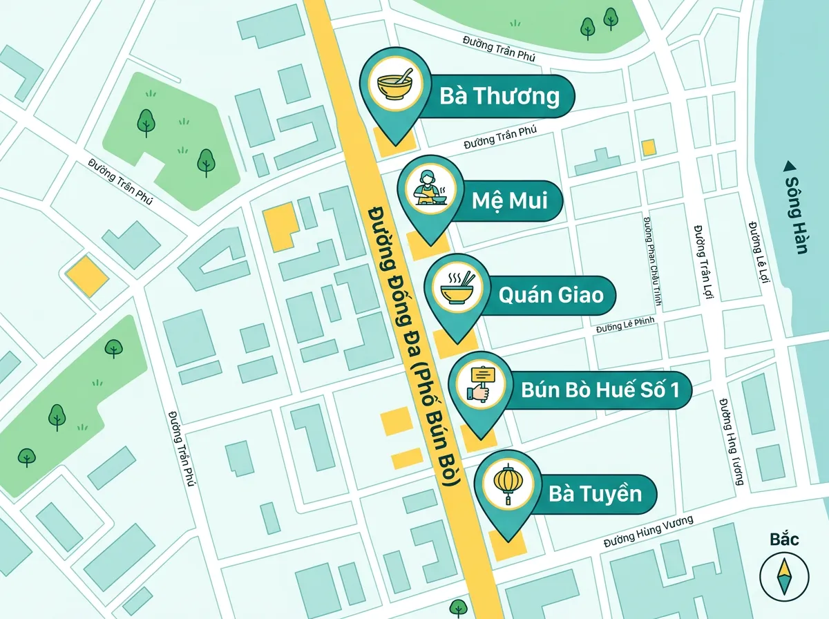 Bản đồ quận Hải Châu, Đà Nẵng, đánh dấu vị trí của 5 quán bún bò nổi tiếng được đề cập trong bài.