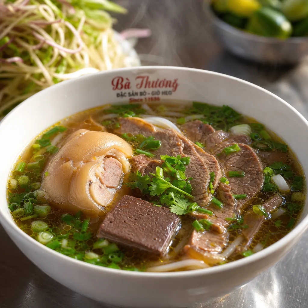Cận cảnh tô bún bò Huế Bà Thương nóng hổi, đầy đặn, được Michelin Bib Gourmand công nhận.