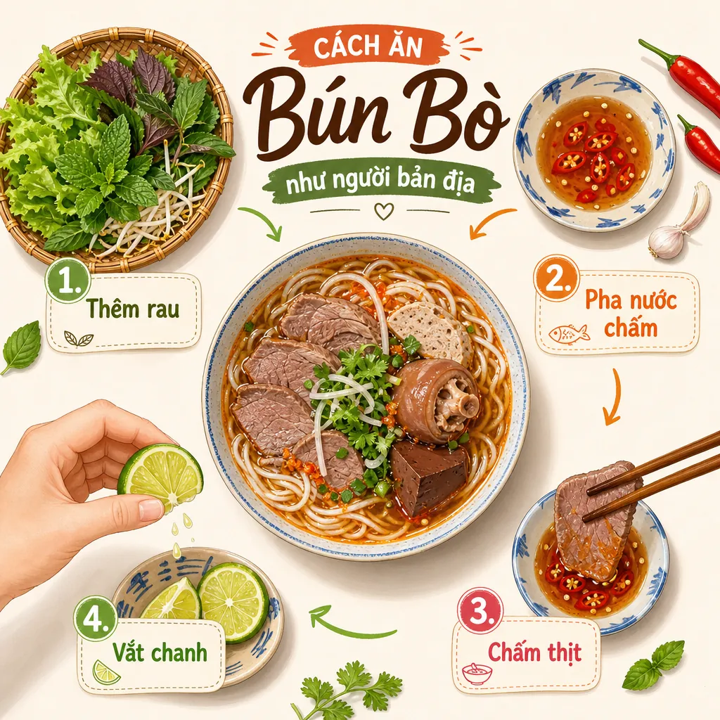 Hướng dẫn các bước ăn bún bò đúng điệu: thêm rau, pha nước chấm, chấm thịt và vắt chanh.