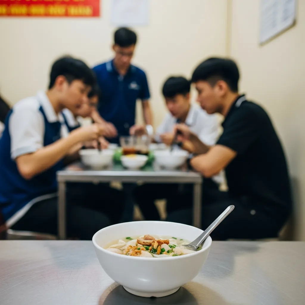 Không gian quán bún bò Hạnh đông đúc và tô bún bò giá rẻ, ngon miệng.