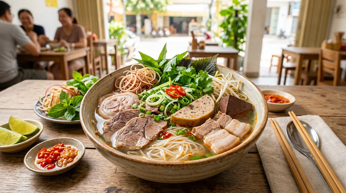 Một tô bún bò Đà Nẵng đầy đặn với sợi bún nhỏ và nước lèo trong thanh, thể hiện sự khác biệt so với bún bò Huế.