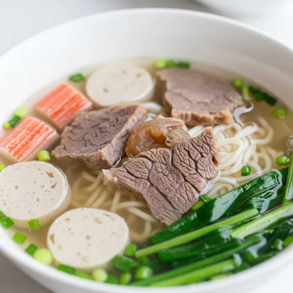 Tô bún bò bà Rơi với nước lèo trong vắt, ngọt thanh, nổi bật với gân bò và chả cua.