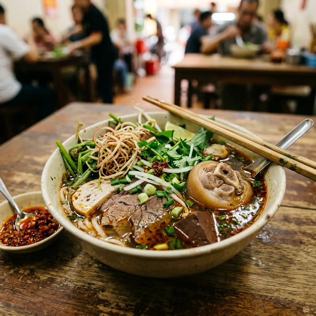 Tô bún bò Hiếu với nước dùng đậm đà, chuẩn vị Huế, bên cạnh là chén sa tế ớt cay nồng.