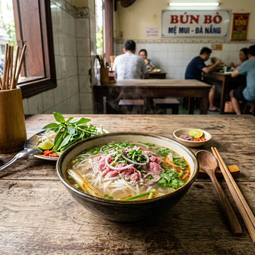 Tô bún bò Mệ Mui với nước lèo trong và thịt bò tái tươi ngon, thể hiện hương vị gia truyền.