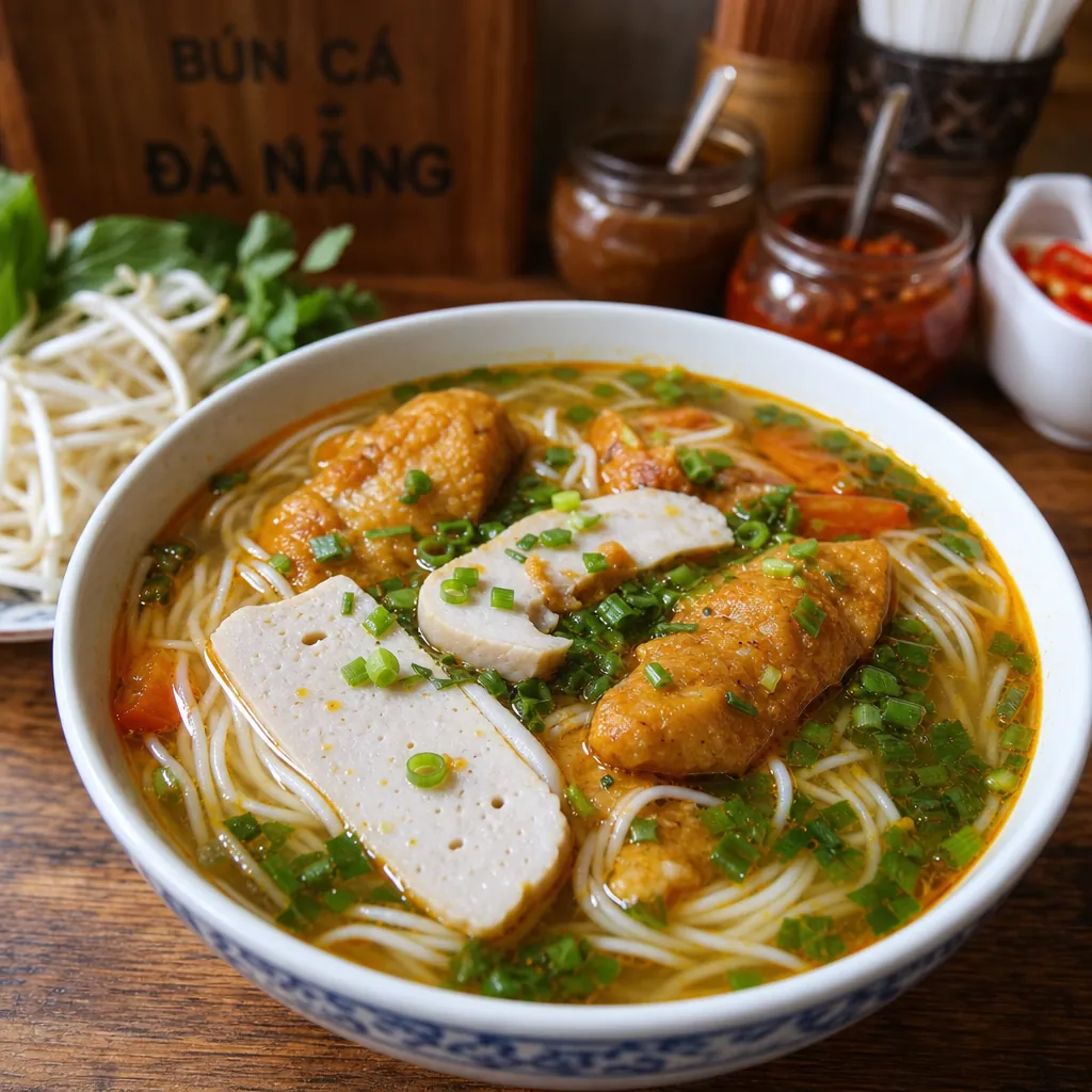 Cận cảnh một tô bún cá Đà Nẵng đầy đặn với nước lèo màu cam, chả cá chiên vàng và chả cá hấp trắng.
