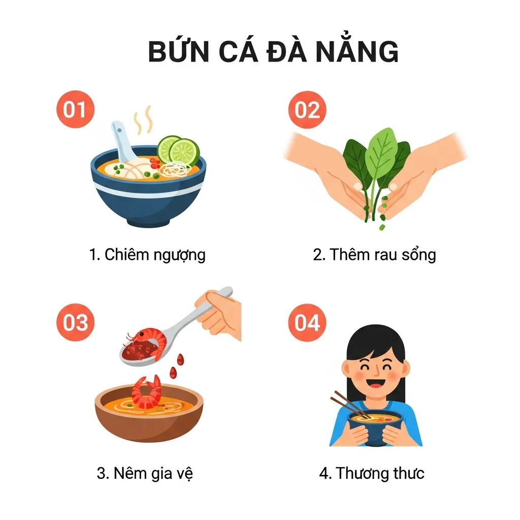 Infographic 4 bước hướng dẫn cách ăn bún cá Đà Nẵng đúng chuẩn, từ thêm rau đến pha mắm ruốc.