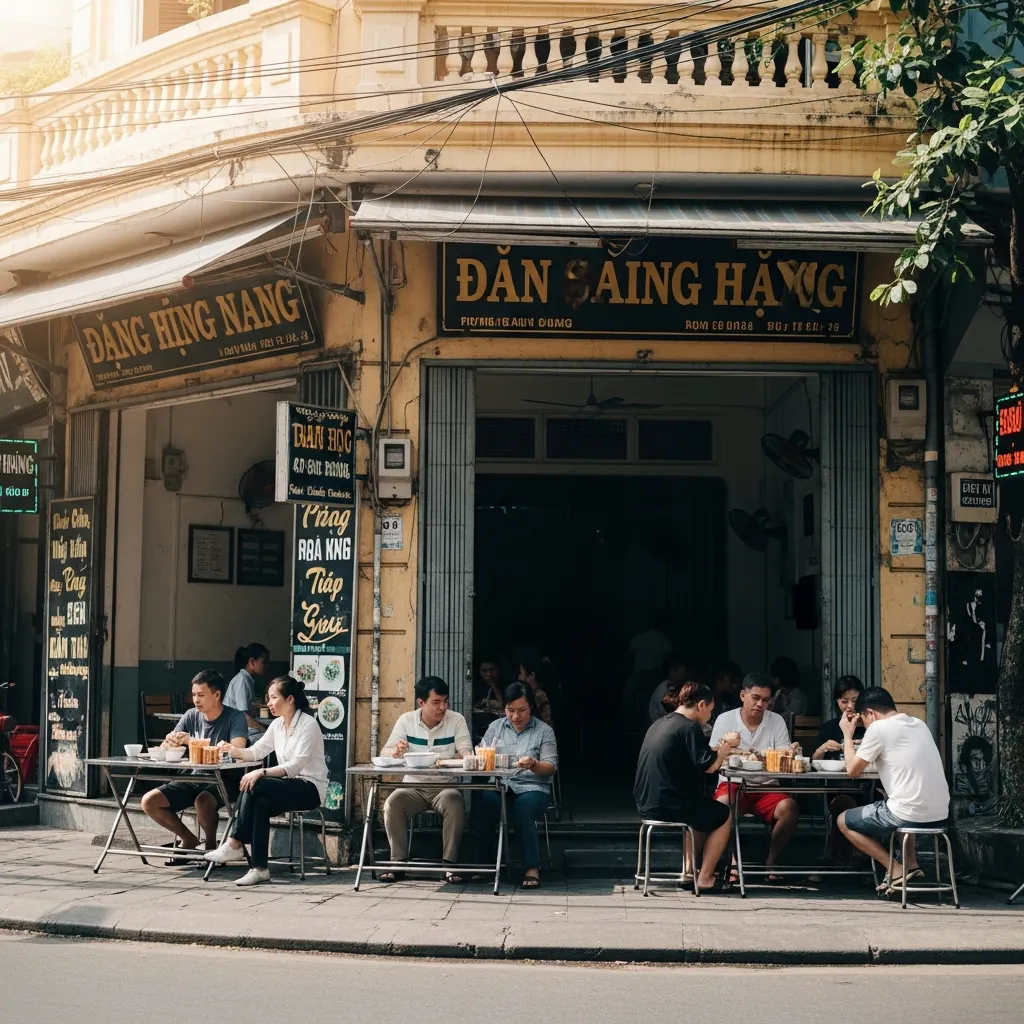 Khung cảnh bên ngoài quán bún chả cá 109 Nguyễn Chí Thanh tấp nập khách địa phương vào buổi sáng.