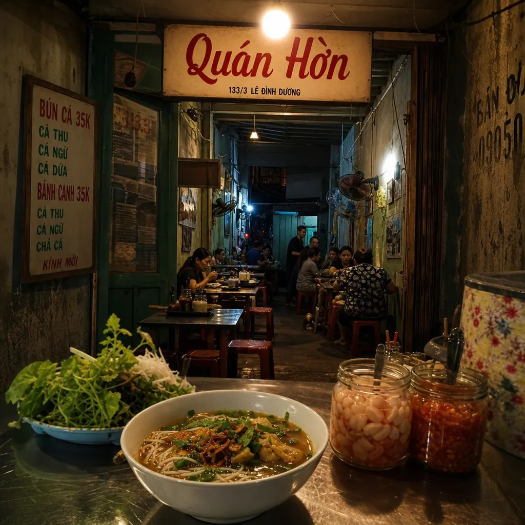 Một góc nhỏ ấm cúng bên trong Quán Hờn trong hẻm, với tô bún cá và các loại gia vị nhà làm đặc trưng.