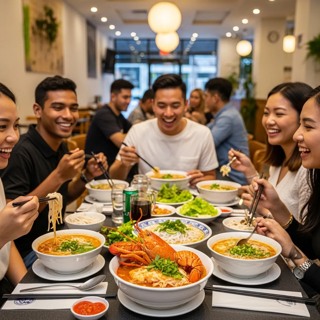 Một nhóm bạn đang vui vẻ thưởng thức các loại bún khác nhau tại quán Bà Lữ, trong đó có một tô bún cá tôm hùm đặc biệt.