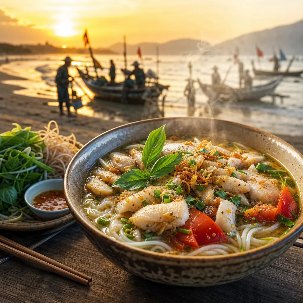 Một tô bún cá Đà Nẵng nóng hổi với hậu cảnh là làng chài Đà Nẵng lúc bình minh, tượng trưng cho lịch sử món ăn.