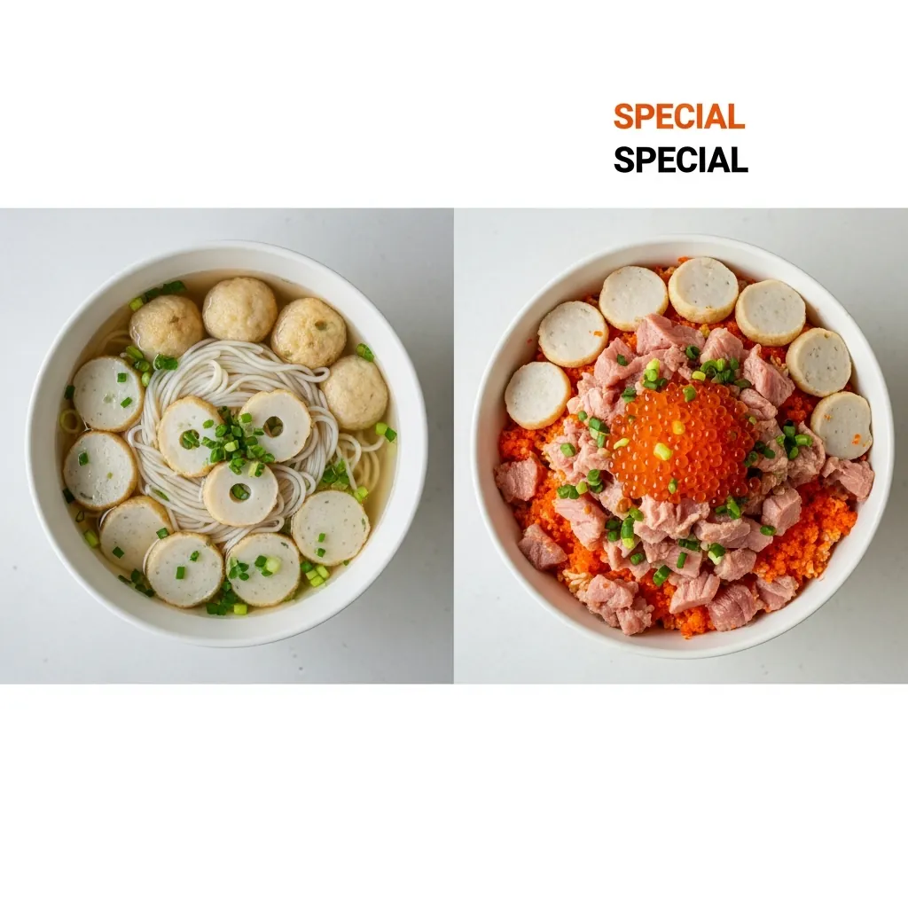 So sánh trực quan giữa một tô bún cá thường và một tô bún cá đặc biệt đầy đặn hơn với nhiều topping.