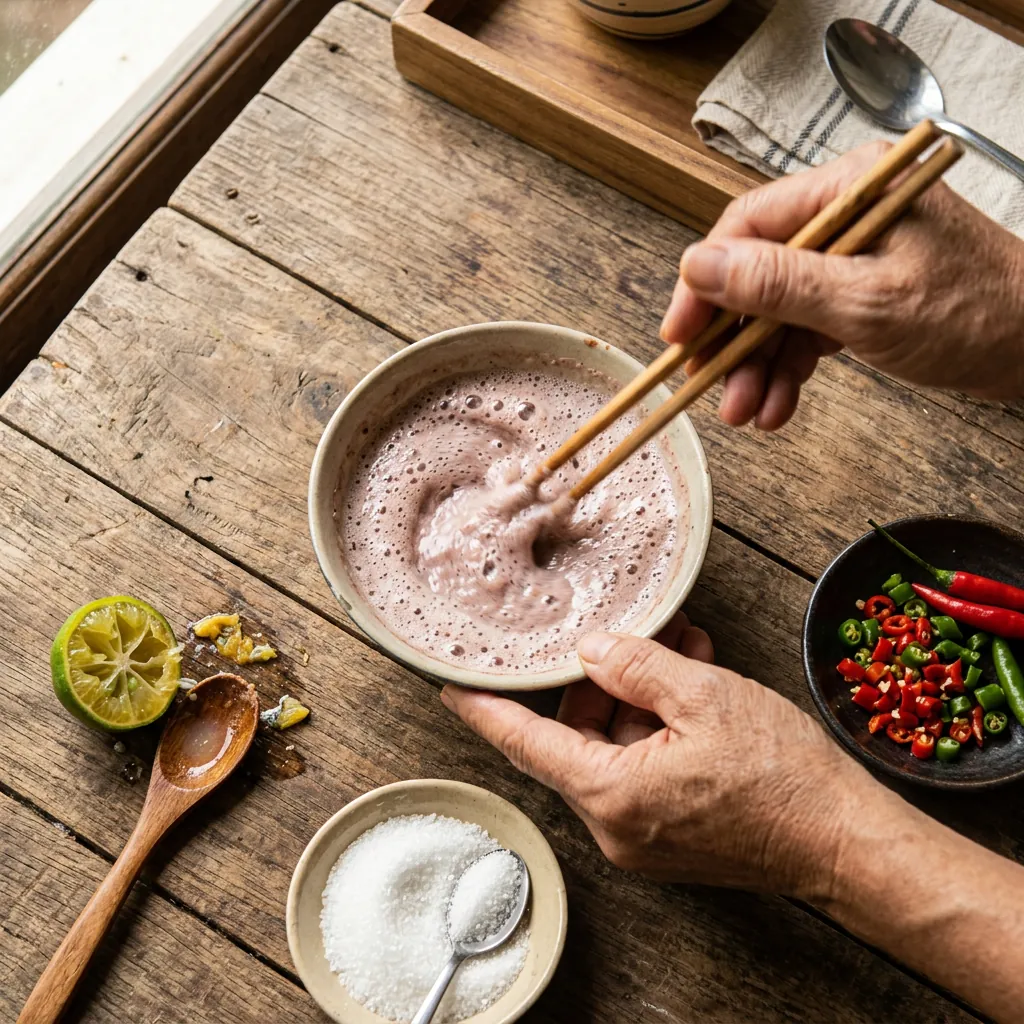 Cận cảnh đôi tay đang dùng đũa đánh bông một chén mắm tôm cùng tắc, đường và ớt cho đến khi sủi bọt.