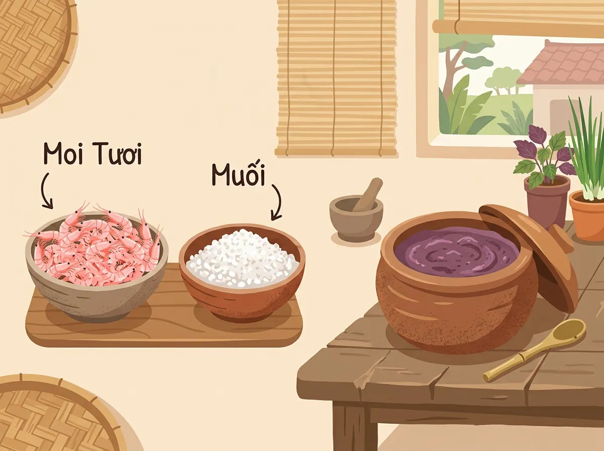 Hình minh họa các nguyên liệu làm mắm tôm, bao gồm con moi (tôm nhỏ) tươi và muối hạt.