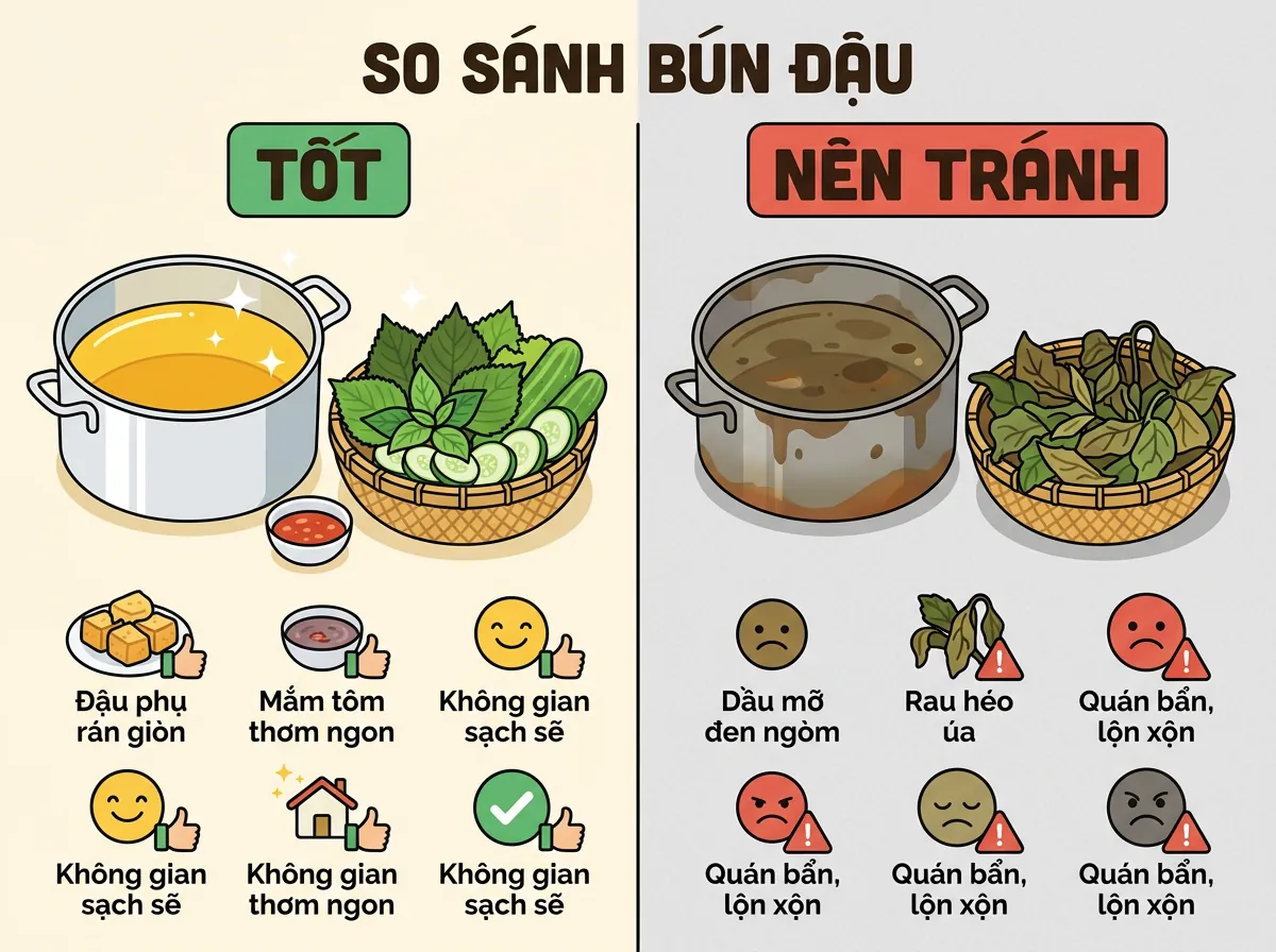 Hình minh họa so sánh dấu hiệu của quán bún đậu chất lượng (dầu ăn trong, rau tươi) và quán kém chất lượng (dầu đen, rau héo).