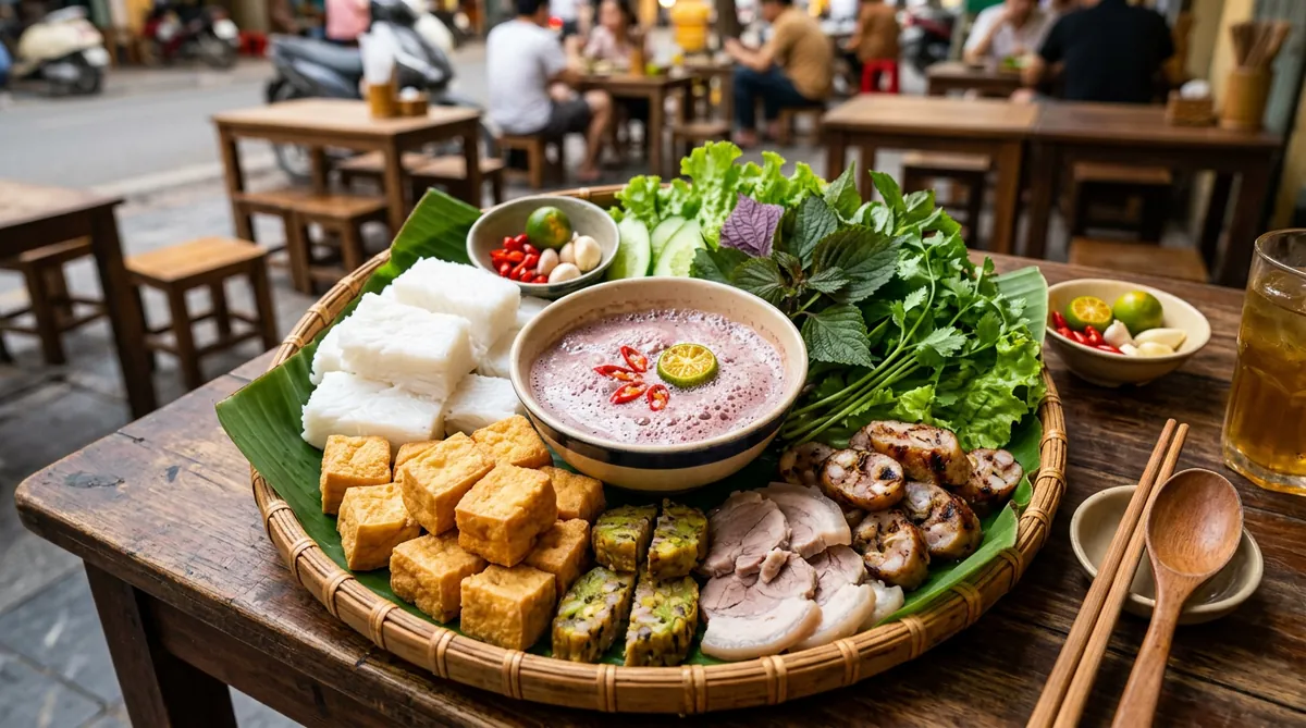 Một mẹt bún đậu mắm tôm đầy đủ hấp dẫn được bày biện trên mẹt tre lót lá chuối.