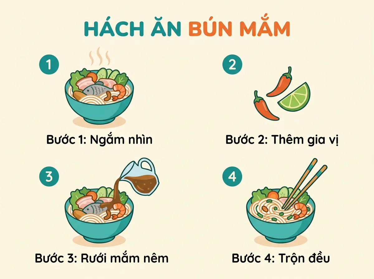 Infographic 4 bước hướng dẫn cách ăn bún mắm Đà Nẵng đúng điệu, với các biểu tượng và nhãn bằng tiếng Việt.