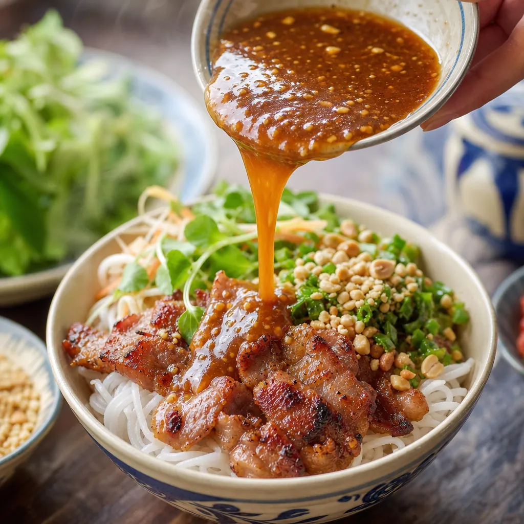 Cận cảnh chén nước lèo đặc sệt màu nâu óng đang được chan vào tô bún thịt nướng Đà Nẵng đầy ắp thịt, bún và rau sống.