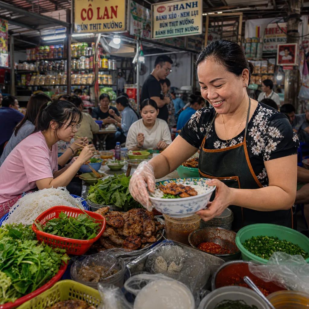 Khung cảnh nhộn nhịp tại khu ẩm thực Chợ Cồn, với một hàng bún thịt nướng đông khách địa phương.