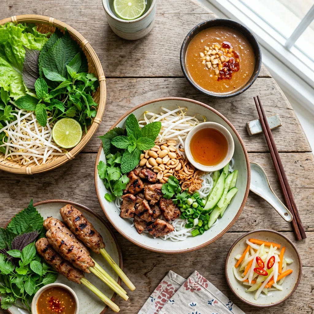 Một mâm bún thịt nướng Đà Nẵng đầy đủ nhìn từ trên xuống, gồm tô bún, nem lụi, rau sống, và chén nước lèo đặc trưng.