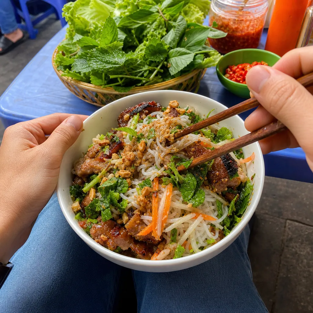 Một người đang dùng đũa trộn đều tô bún thịt nướng để nước lèo thấm đều vào bún, thịt và rau sống.