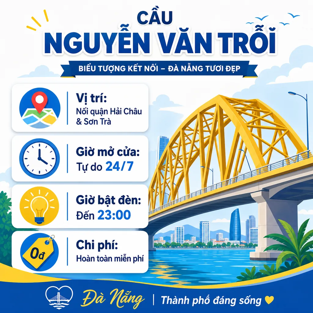Infographic tóm tắt các thông tin cần biết về Cầu Nguyễn Văn Trỗi: vị trí, giờ mở cửa, chi phí và giờ bật đèn.