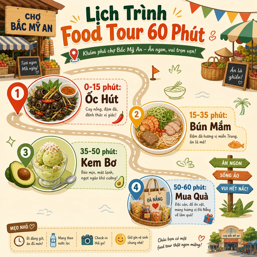 Sơ đồ infographic về lịch trình food tour 60 phút tại chợ Bắc Mỹ An, với các mốc thời gian và món ăn gợi ý.