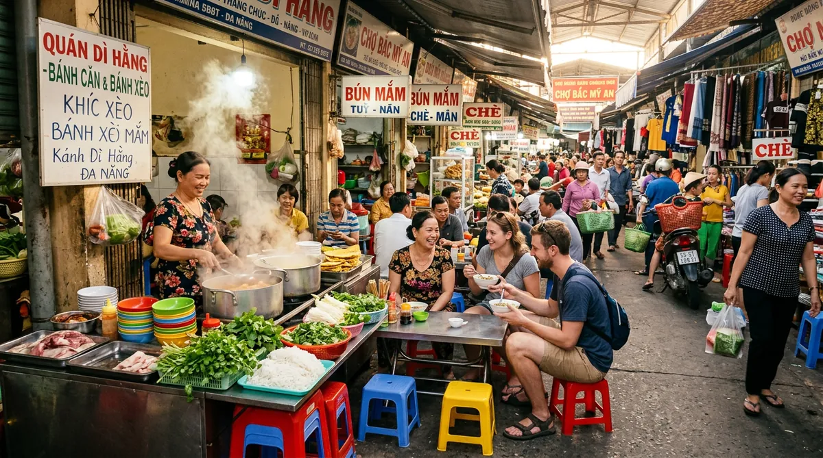 Toàn cảnh khu ẩm thực nhộn nhịp bên trong chợ Bắc Mỹ An tại Đà Nẵng, với nhiều hàng quán và thực khách.