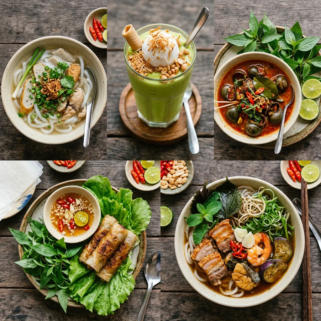 Tổng hợp 5 món ăn đặc sắc nhất tại chợ Bắc Mỹ An: Kem bơ, Ốc hút, Bún mắm, Bánh canh, và Ram cuốn cải.