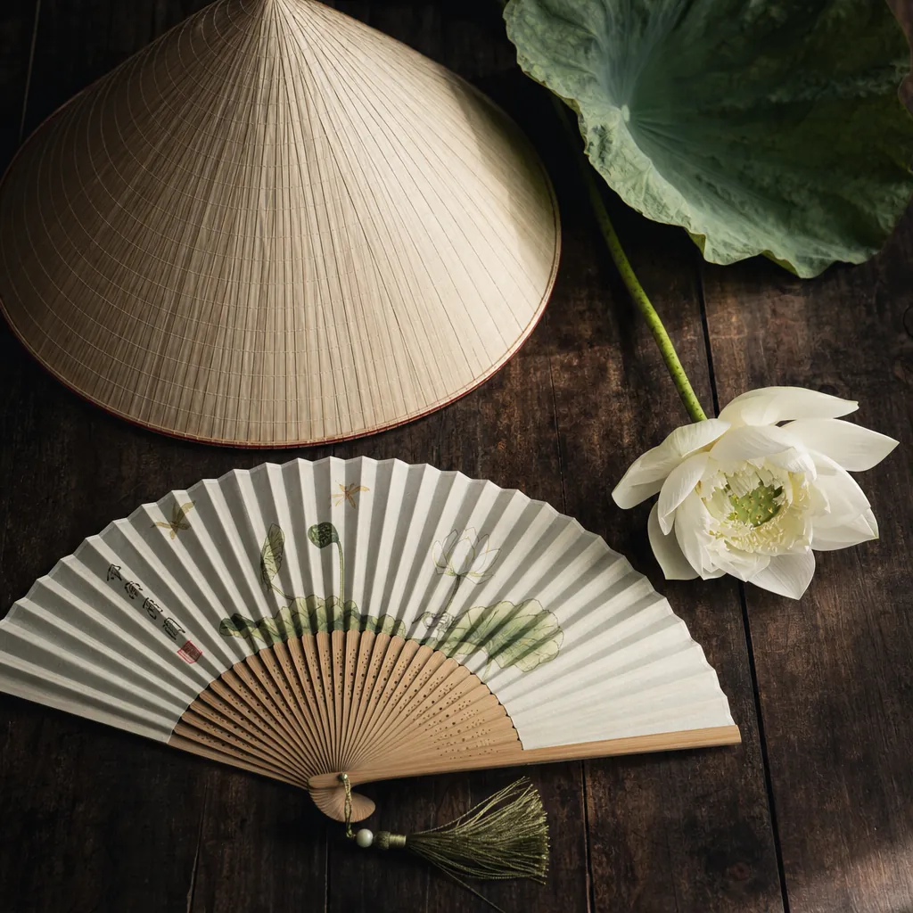 Các phụ kiện kinh điển chụp ảnh với áo dài gồm nón lá, quạt giấy và hoa sen được sắp xếp đẹp mắt.